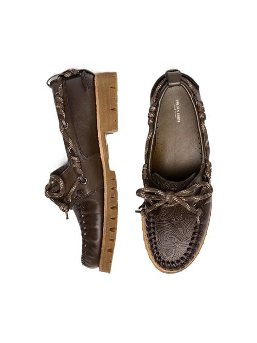 Mocassino Cruise donna in pelle verde scuro con laccio trekking color grigio tortora e trama floreale in rilievo Golden Goose | GWF01048.F008807.35567DARK GREEN